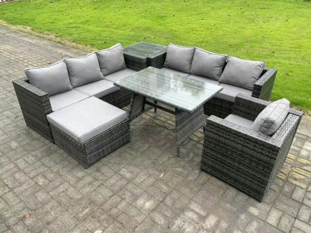 Rackhams 8 Seater Wicker PE Rattan Garden Dining Set Outdoor Furniture Sofa with Patio Dining Table Armchair Big Footstool Side table Dark Grey Mixed - image 1