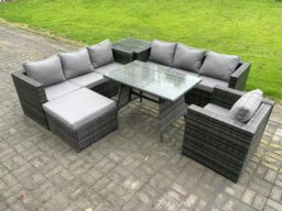 Rackhams 8 Seater Wicker PE Rattan Garden Dining Set Outdoor Furniture Sofa with Patio Dining Table Armchair Big Footstool Side table Dark Grey Mixed - thumbnail 1