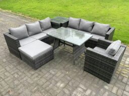 Rackhams 8 Seater Wicker PE Rattan Garden Dining Set Outdoor Furniture Sofa with Patio Dining Table Armchair Big Footstool Side table Dark Grey Mixed - thumbnail 2
