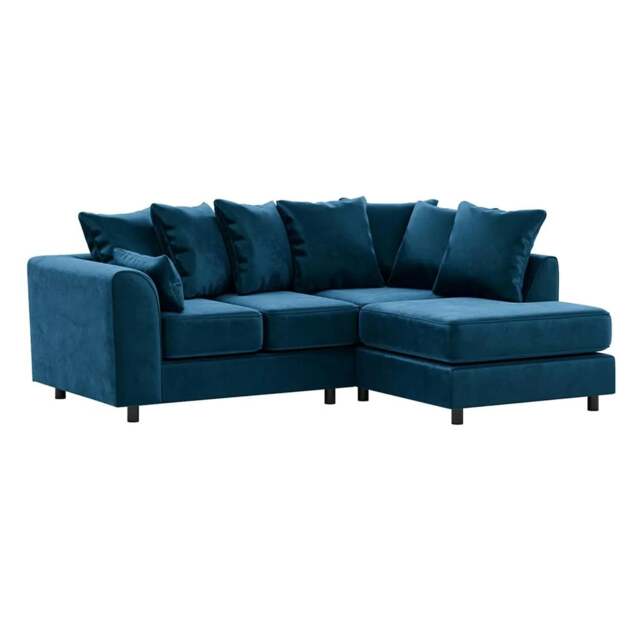 Rackhams Brooklyn Full Foam Plush Velvet Corner Sofa - Blue - Right Hand Facing - image 1