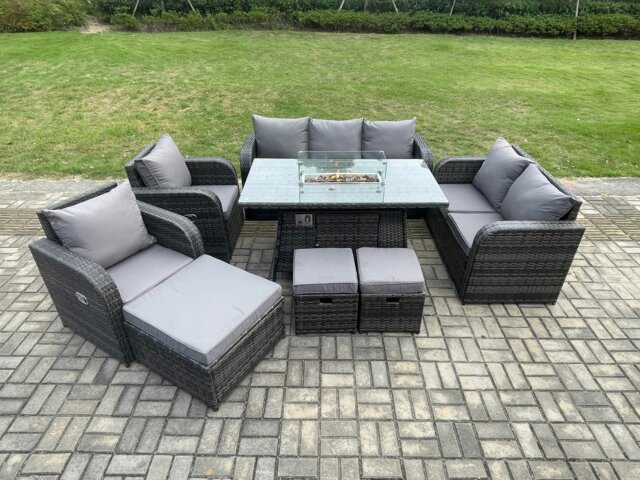 Rackhams Rattan Outdoor Garden Furniture Set with Gas Fire Pit Table, 2 Sofas, 2 Chairs, 3 Footstools - 10 Seater - Dark Grey - image 1