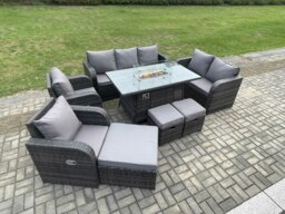 Rackhams Rattan Outdoor Garden Furniture Set with Gas Fire Pit Table, 2 Sofas, 2 Chairs, 3 Footstools - 10 Seater - Dark Grey - thumbnail 2