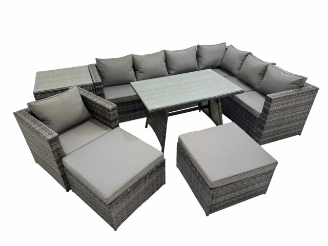 Rackhams Rattan garden furniture Patio Furniture Sets with Dining Table Chair 2 Big Stools Side Table Dark Grey Mixed - image 1