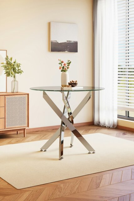 Rackhams Modern Clear Tempered Glass Dining Table Coffee Table with Chrome Crossed Legs - Clear - image 1