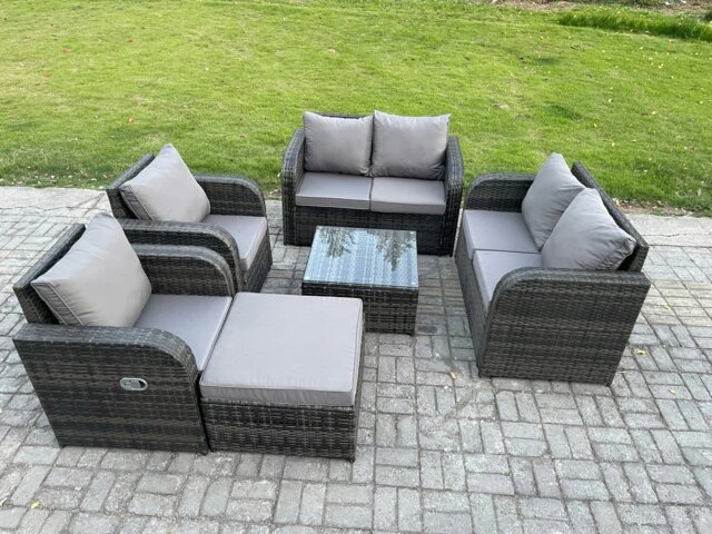 Rackhams 7 Seater Rattan Sofa Set Outdoor Garden Furniture Set with Square Coffee Table Loveseat Sofa Reclining Chairs Big Footstool Dark Grey Mixed - image 1