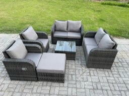 Rackhams 7 Seater Rattan Sofa Set Outdoor Garden Furniture Set with Square Coffee Table Loveseat Sofa Reclining Chairs Big Footstool Dark Grey Mixed - thumbnail 1