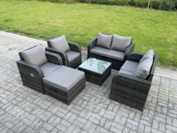 Rackhams 7 Seater Rattan Sofa Set Outdoor Garden Furniture Set with Square Coffee Table Loveseat Sofa Reclining Chairs Big Footstool Dark Grey Mixed - thumbnail 2