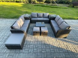 Rackhams 12 Seater Rattan Outdoor Furniture Set Patio Garden Sofa Set with Square Coffee Table 3 Seater Sofa 3 Footstools 2 Side Tables Dark Grey Mixed - thumbnail 1