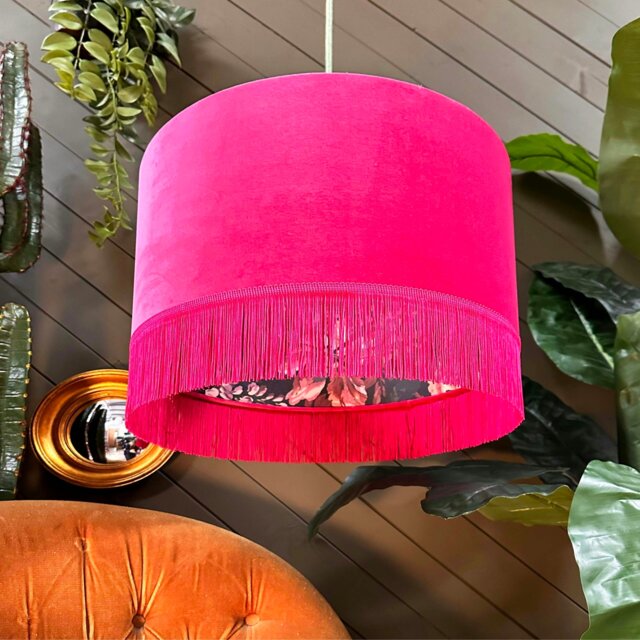 "Rackhams Jam Tart Midnight Garden Silhouette Lampshade in Raspberry Velvet & Fringing - Ceiling Pendant / Arc Lamp - 70cm diameter x 25cm Height (27"" x 10"")" - image 1