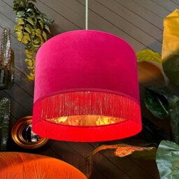 "Rackhams Jam Tart Midnight Garden Silhouette Lampshade in Raspberry Velvet & Fringing - Ceiling Pendant / Arc Lamp - 70cm diameter x 25cm Height (27"" x 10"")" - thumbnail 2