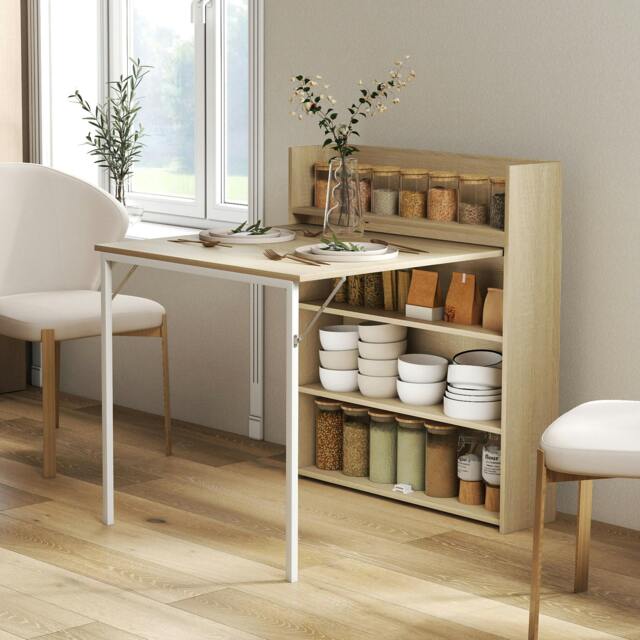 Rackhams Folding Dining Table, Kitchen Table with Shelves Oak Wood Effect - Steel - White - White - image 1