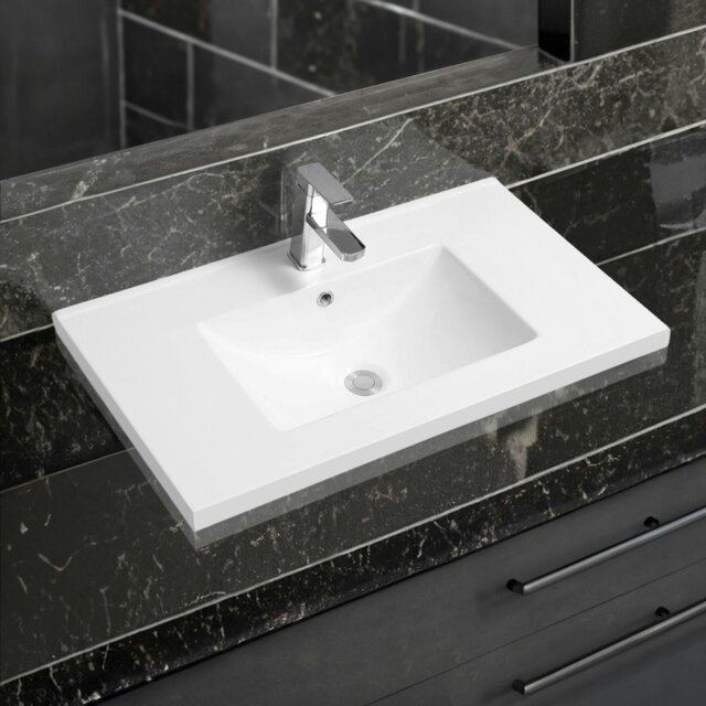 Rackhams 5001 Ceramic 81cm Mid-Edge Inset Basin with Scooped Bowl - White - Ceramic - 81cm - image 1