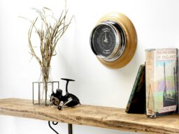Rackhams Handmade Prestige Tide Clock in Chrome on a Natural stain English Oak Wall Mount