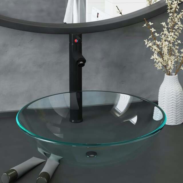 Rackhams Bathroom Sink with Tap and Push Drain Clear Tempered Glass