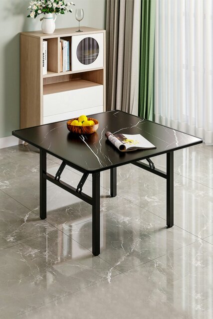Rackhams 80cm Square Foldable Coffee Table with Marble Effect Top Low Dining Table - Black - image 1