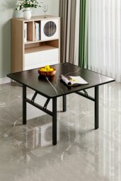 Rackhams 80cm Square Foldable Coffee Table with Marble Effect Top Low Dining Table - Black - thumbnail 1