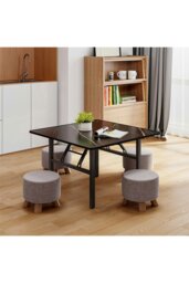 Rackhams 80cm Square Foldable Coffee Table with Marble Effect Top Low Dining Table - Black - thumbnail 3
