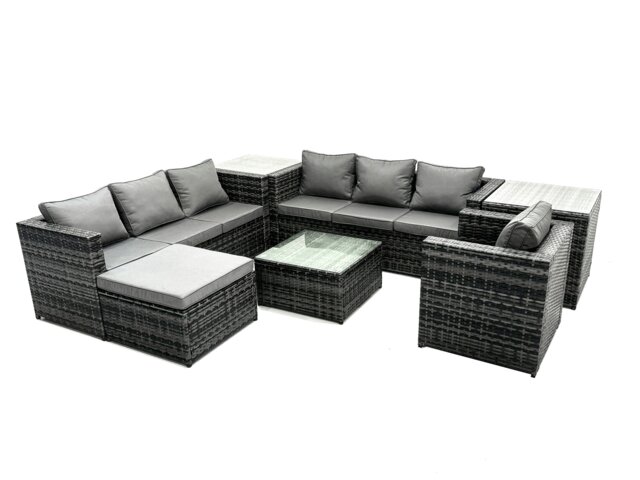 Rackhams Rattan Garden Furniture Dining Set 8 seater Patio Coffee Table Sofa Set with 2 Side Tables Big Stool Dark Grey Mixed - image 1
