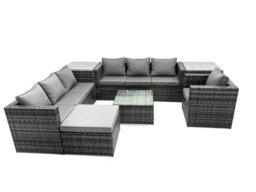 Rackhams Rattan Garden Furniture Dining Set 8 seater Patio Coffee Table Sofa Set with 2 Side Tables Big Stool Dark Grey Mixed - thumbnail 2