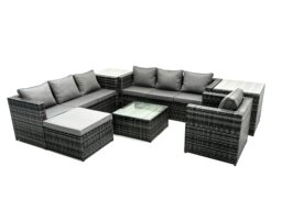 Rackhams Rattan Garden Furniture Dining Set 8 seater Patio Coffee Table Sofa Set with 2 Side Tables Big Stool Dark Grey Mixed - thumbnail 1