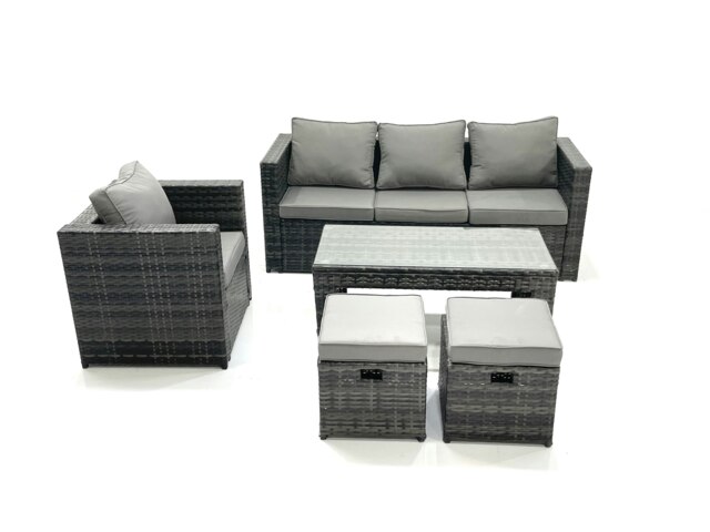 Rackhams Rattan Garden Furniture Set Outdoor Lounger Sofa with Coffee Table Armchair 2 Small Footstools Dark Grey Mixed - image 1