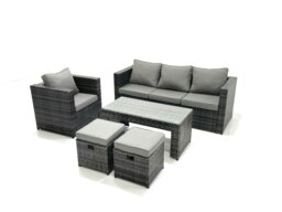 Rackhams Rattan Garden Furniture Set Outdoor Lounger Sofa with Coffee Table Armchair 2 Small Footstools Dark Grey Mixed - thumbnail 2