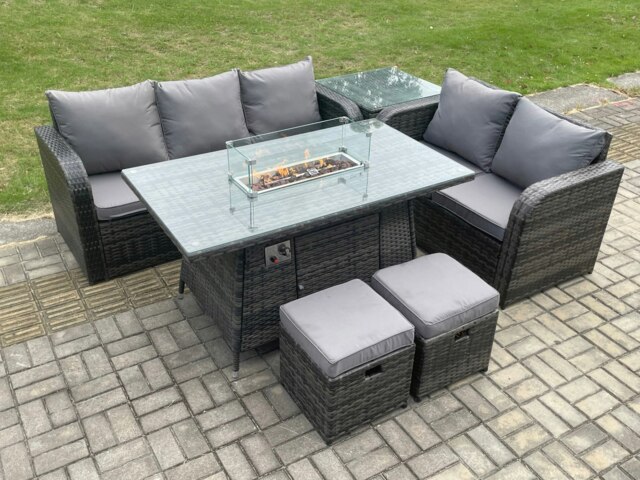 Rackhams PE Wicker Outdoor Rattan Garden Furniture Set Propane Gas Fire Pit Table and Sofa set with Side Table 2 Small Footstools - image 1