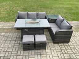 Rackhams PE Wicker Outdoor Rattan Garden Furniture Set Propane Gas Fire Pit Table and Sofa set with Side Table 2 Small Footstools - thumbnail 2