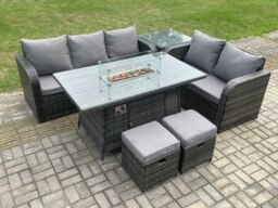 Rackhams PE Wicker Outdoor Rattan Garden Furniture Set Propane Gas Fire Pit Table and Sofa set with Side Table 2 Small Footstools - thumbnail 1