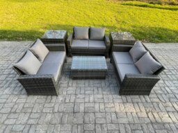Rackhams Dark Grey 6 Seater Outdoor Rattan Garden Furniture Set Patio Love Sofa Rectangular Coffee Table Set with 2 Side Tables - thumbnail 2