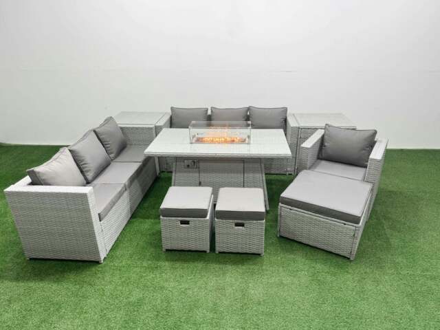 Rackhams 10 Seat PE Rattan Lounge Sofa Set Outdoor Garden Furniture Set with Fire Pit Dining Table 3 Seater Sofa 3 Stools 2 Side Tables Light Grey - image 1