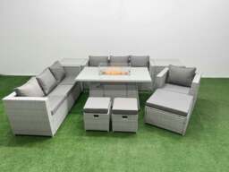 Rackhams 10 Seat PE Rattan Lounge Sofa Set Outdoor Garden Furniture Set with Fire Pit Dining Table 3 Seater Sofa 3 Stools 2 Side Tables Light Grey - thumbnail 1
