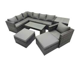 Rackhams 7 Pieces Outdoor PE Rattan Garden Furniture Corner Sofa Oblong Coffee Table Set with Cushions 2 Big Footstools Side Table Dark Grey Mixed - thumbnail 1