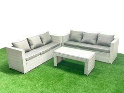 Rackhams 6 Seater Garden Outdoor Rattan Furniture Set Rattan Garden Sofa Oblong Coffee Table Light Grey Mixed - thumbnail 1
