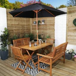 Rackhams Outdoor 6 Person Folding Rectangular Wooden Garden Patio Dining Table Chairs and 2 Benches Parasol and Base set - Outdoor Furniture Sets - thumbnail 1