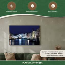 Rackhams Rialto Bridge Scene Print LED Canvas, Venice Artwork With 8 LED Lights, 60 x 40 cm, Stretched Wooden Frame, Battery Powered - thumbnail 4