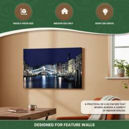 Rackhams Rialto Bridge Scene Print LED Canvas, Venice Artwork With 8 LED Lights, 60 x 40 cm, Stretched Wooden Frame, Battery Powered - thumbnail 6