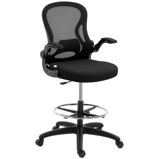 Rackhams Adjustable Mesh Standing Desk Chair with Flip-up Armrests Lumbar Support Armrests Adjustable Footrest Ring Black - image 1