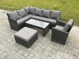 Rackhams Rattan Garden Furniture Sets High Back Corner Sofa Oblong Coffee Table Set with Big Footstool Armchair Dark Grey Mixed - thumbnail 1