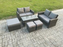 Rackhams 7 Seater High Back Rattan Garden Furniture Sofa Sets with Rectangular Coffee Table 3 Footstools Loveseat Sofa Dark Grey Mixed - thumbnail 2