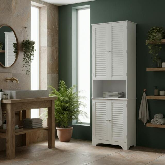 Rackhams Vihave Tall Freestanding Bathroom Cabinet With Shutter Doors And Raised Base White - image 1