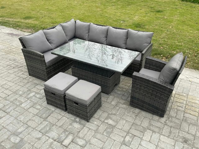 Rackhams Dark Grey Mixed PE Rattan Outdoor Dining Set - Height Adjustable Lifting Table, 2 Small Footstools & Armchair - image 1