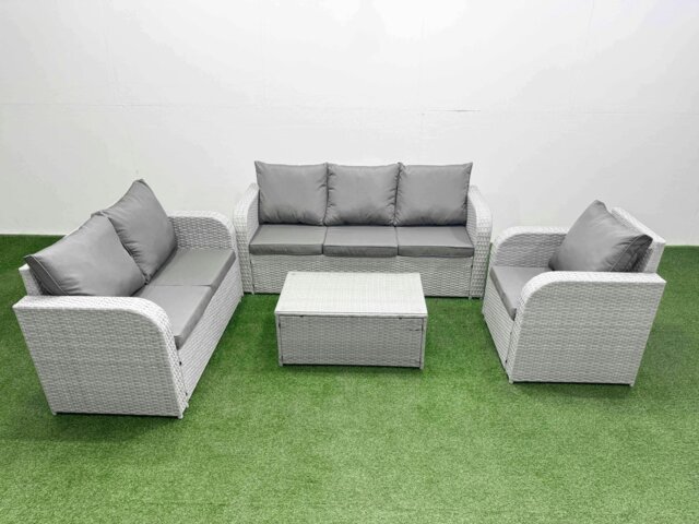 Rackhams 6-Seater Light Grey PE Rattan Outdoor Sofa Set - Rectangular Coffee Table, Reclining Chair, Loveseat, 3-Seater Sofa - image 1