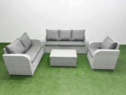 Rackhams 6-Seater Light Grey PE Rattan Outdoor Sofa Set - Rectangular Coffee Table, Reclining Chair, Loveseat, 3-Seater Sofa - thumbnail 1