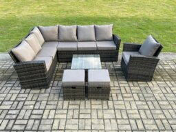 Rackhams 9 Seater Outdoor Furniture Garden Dining Set Rattan Corner Sofa Set with Square Coffee Table 2 Small Footstools Dark Grey Mixed - thumbnail 2
