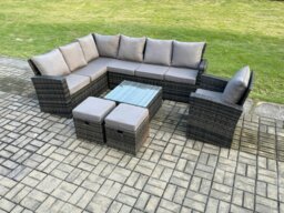 Rackhams 9 Seater Outdoor Furniture Garden Dining Set Rattan Corner Sofa Set with Square Coffee Table 2 Small Footstools Dark Grey Mixed - thumbnail 1