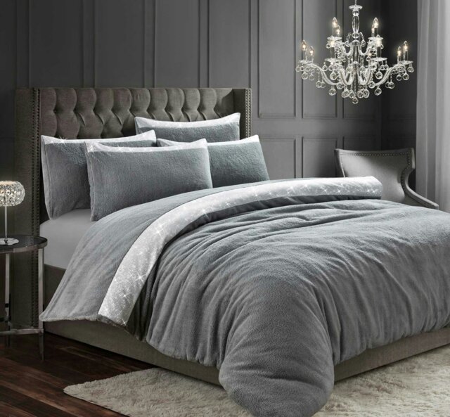 Rackhams Beaux Shimmer Teddy Fluffy and Warm Fleece Duvet Cover Set - Silver - Single - image 1
