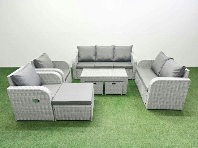 Rackhams PE Rattan Garden Furniture Set Adjustable Chair Sofa Double Love Seat 2 Seater Sofa Lounge Set Rectangular Coffee Table 3 Stools Light Grey - image 1