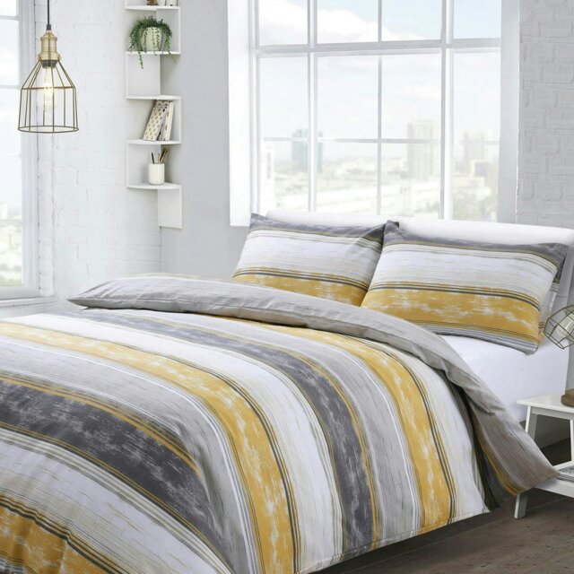 Rackhams Brooklyn Stripe Printed Cotton Blend Duvet Cover and Pillowcase Set - Yellow - Single - image 1