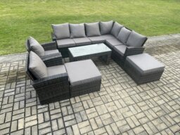 Rackhams Rattan Corner Sofa Garden Furniture Set with 2 Big Footstool Rectangular Coffee Table 2 Armchairs with Cushion Dark Grey Mixed - thumbnail 2